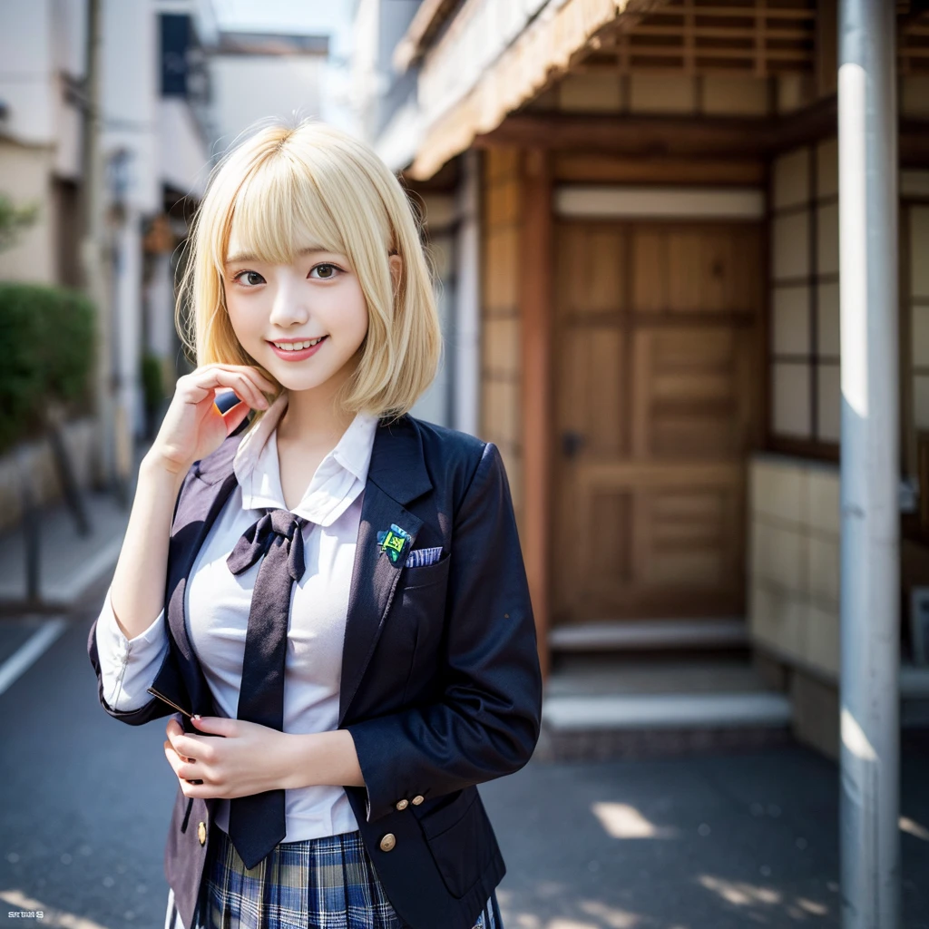 (masterpiece, best quality, ultra high res, photorealistic, 8k, RAW photo, detailed shadow, sharp focus, ultra detailed, absolutely resolution:1.2), urtra-detailed face BREAK 1girl, (cheerful Japanese 18yo high school gir like Nogizaka46 member:1.8) BREAK ((blonde)short hair:1.6)), ((bob cut)), (bang:1.1), silky hair, looking at viewer, (idol face:1.3), (detailed eyes and face:1.0), (orgasm;2), (huge breasts:1.3), (Busty breasts:1.3), (narrow waist:0.5), small ass, (glamorous:1.5) BREAK (School Uniform:1.3), (school blazer:1.3) BREAK ChichiBukuro
