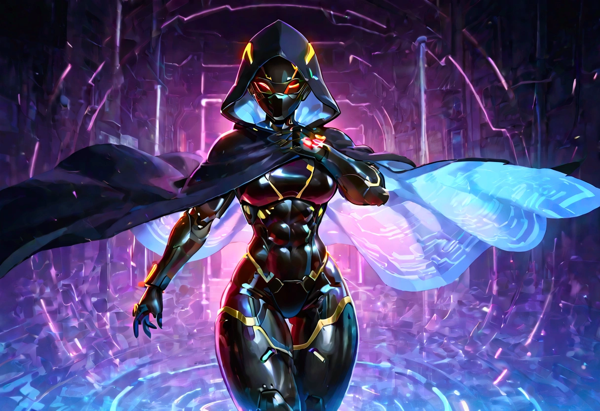 Female cyborg ninja hologram, cobra hood, wearing ninja clothes, cyberpunk, sexy, well-toned abs, covering herself with a cloak