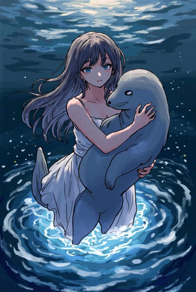 ((line-art Anime, manga aesthetic, highly detailed, vibrant colors, dynamic lighting, soft shading, 8k resolution, masterpiece))、A woman emerging from water, with a seal climbing up beside her to embrace her, symbolizing harmony and connection. The woman has long, flowing hair, wearing a simple, elegant dress that drapes gently around her body, creating a sense of ethereal beauty. The seal, with smooth fur and expressive eyes, gently wraps its flippers around her in a tender embrace. The scene is set in a serene, mystical landscape with soft, glowing light filtering through the water. The background is filled with gentle waves and mist, creating a peaceful atmosphere. The scene is highly detailed with dynamic lighting and vibrant colors, bringing out the contrast between the dark depths of the water and the illuminated figure of the woman and the seal. The art style is anime-inspired with manga aesthetics, soft shading, and vibrant hues that make the characters stand out beautifully. The image is rendered in 8k resolution, creating a sense of depth and intricacy in every detail, showcasing the masterpiece of this serene, magical moment."