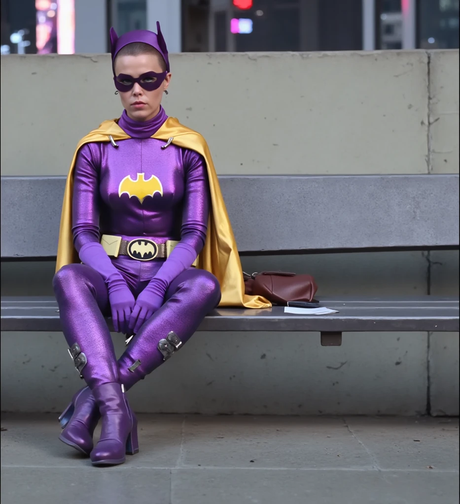 b4tg1rl woman is sitting on a public bench in the street