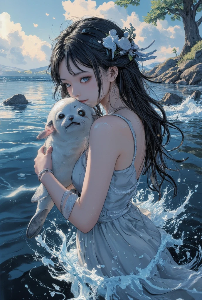 ((line-art Anime, manga aesthetic, highly detailed, vibrant colors, dynamic lighting, soft shading, 8k resolution, masterpiece))、A woman emerging from water, with a seal climbing up beside her to embrace her, symbolizing harmony and connection. The woman has long, flowing hair, wearing a simple, elegant dress that drapes gently around her body, creating a sense of ethereal beauty. The seal, with smooth fur and expressive eyes, gently wraps its flippers around her in a tender embrace. The scene is set in a serene, mystical landscape with soft, glowing light filtering through the water. The background is filled with gentle waves and mist, creating a peaceful atmosphere. The scene is highly detailed with dynamic lighting and vibrant colors, bringing out the contrast between the dark depths of the water and the illuminated figure of the woman and the seal. The art style is anime-inspired with manga aesthetics, soft shading, and vibrant hues that make the characters stand out beautifully. The image is rendered in 8k resolution, creating a sense of depth and intricacy in every detail, showcasing the masterpiece of this serene, magical moment."