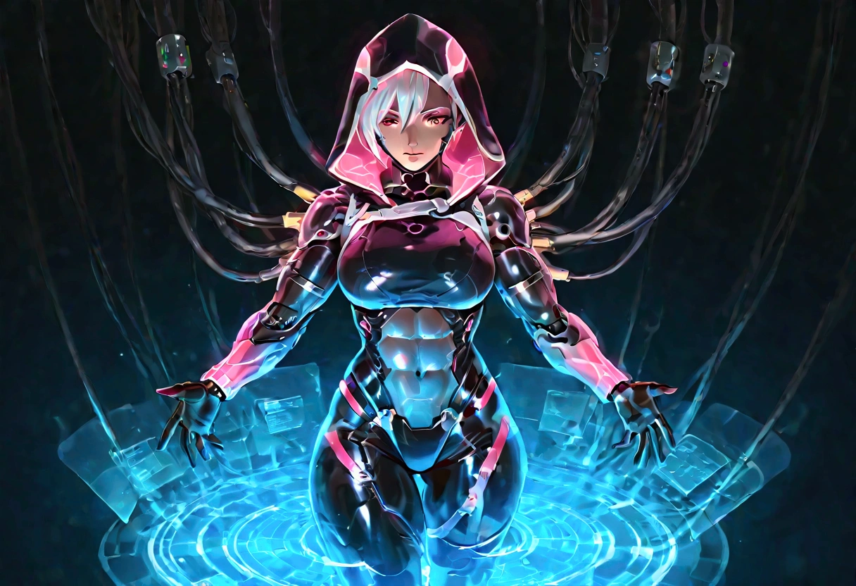 Female cyborg ninja, cobra hood, wearing ninja clothes, cyberpunk, sexy, well-toned abs, connected to thick cables, hologram displays, futuristic computers and surgery