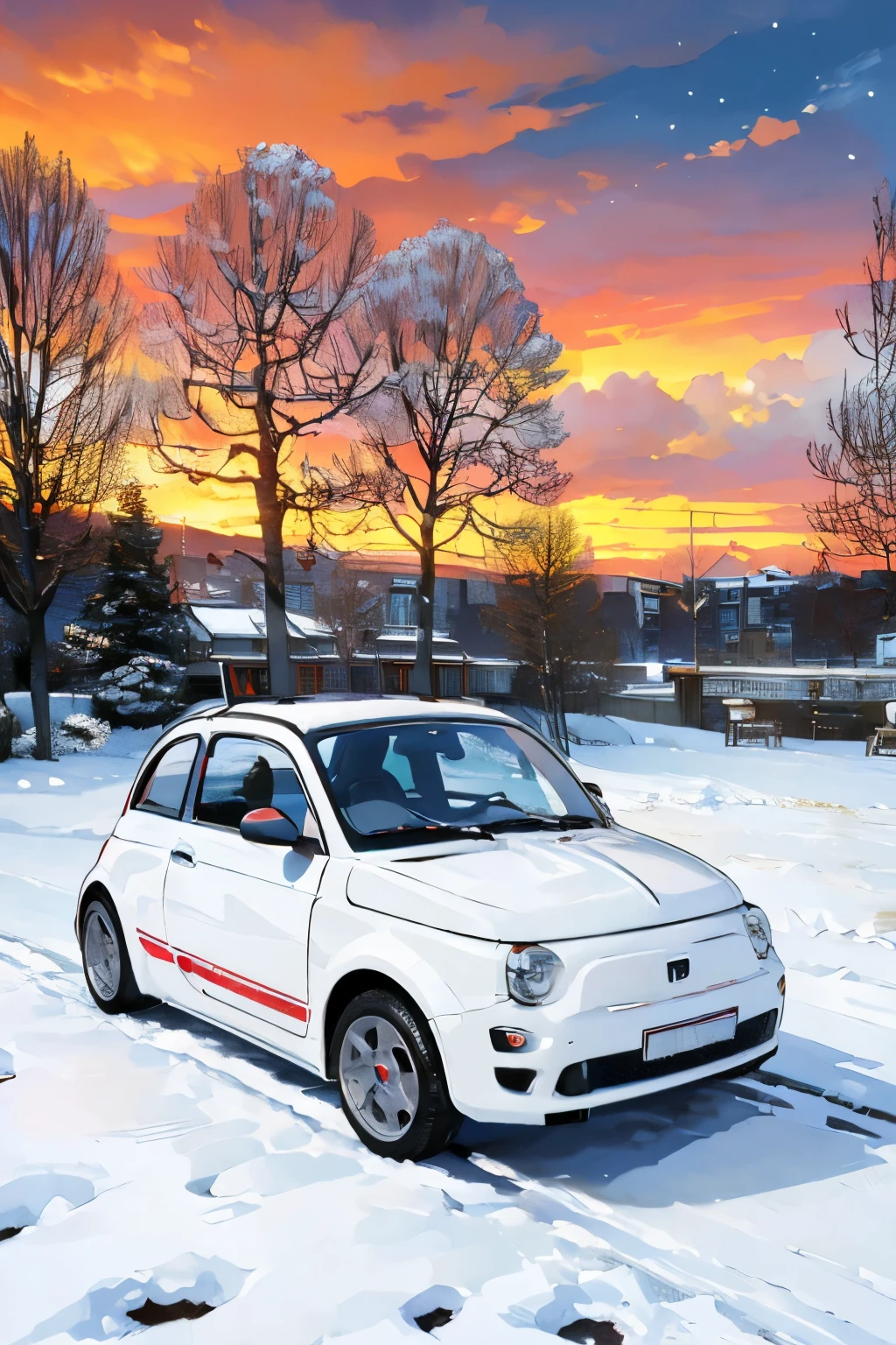 (masterpiece:1.2, top quality ),(  very detailed),(((  anime style )))，8k， wallpaper，  white Fiat 500  ，execution，Park parking lot with a view of the cityscape in the distance，Winter snow scene，Winter blue sky，Abarth 595 specification :1.2，(((Chemical language  )))，At dusk，Beautiful sunset，