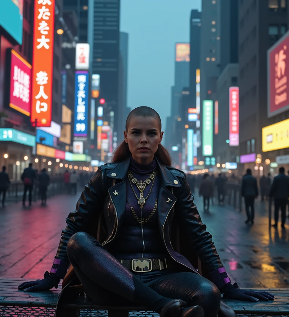 b4tg1rl woman is sitting on a public bench in the street