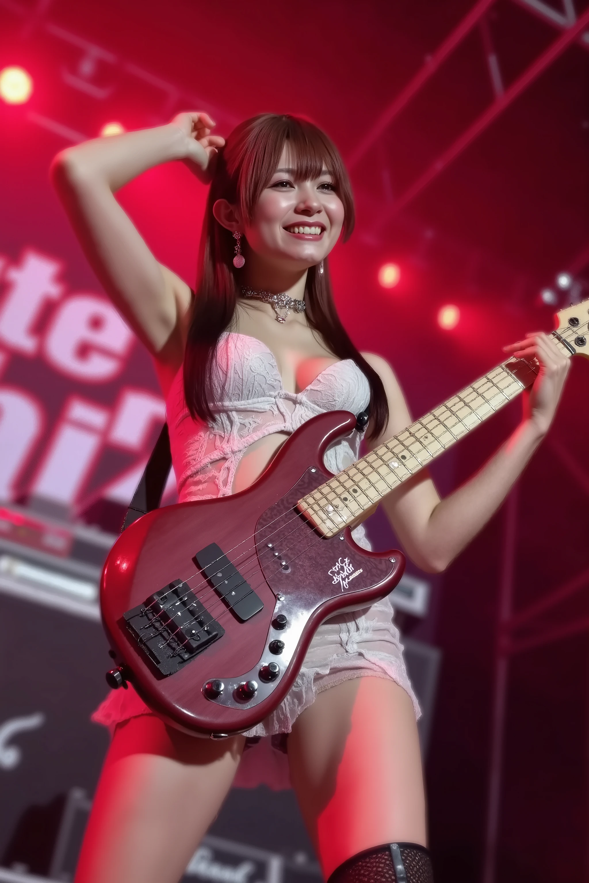 Fami_Normal, 1girl, solo, She is a professional bassist that consisted of 5 Japanese females heavy metal band "Lovebites" .,
(8k, RAW photos, top quality,masterpiece:1.2),( realistic , Photorealistic:1.37), super detailed , super high res, Detailed bass, makeup, gross red lipstics, She is playing the bass at an audience while raising a right arm while smiling., Her base is wine-colored, "FAMI" logo on a bass body., (beautifully detailed face) ,Narrow , (beautifully smooth skin), (skin texture), She has F cup breasts, brown hair, a lot of red spotlights toward her, A large banner "LOVEBITES FAMI" pasted., Low angle and bust-up photo, (((Her face is shining and wetting with sweats.:2.0))), ((She wears a white see-through neck and sleeve dress which covered with a white off-shoulder dress, and a white short pant and white color's tight semi-long boots.)), (There is a feedback speaker in front of her and put her right leg on the speaker.) , (Furthermore there are a lot of male fans in front of below stage). They also raise their arms., She is looking at her fans.,