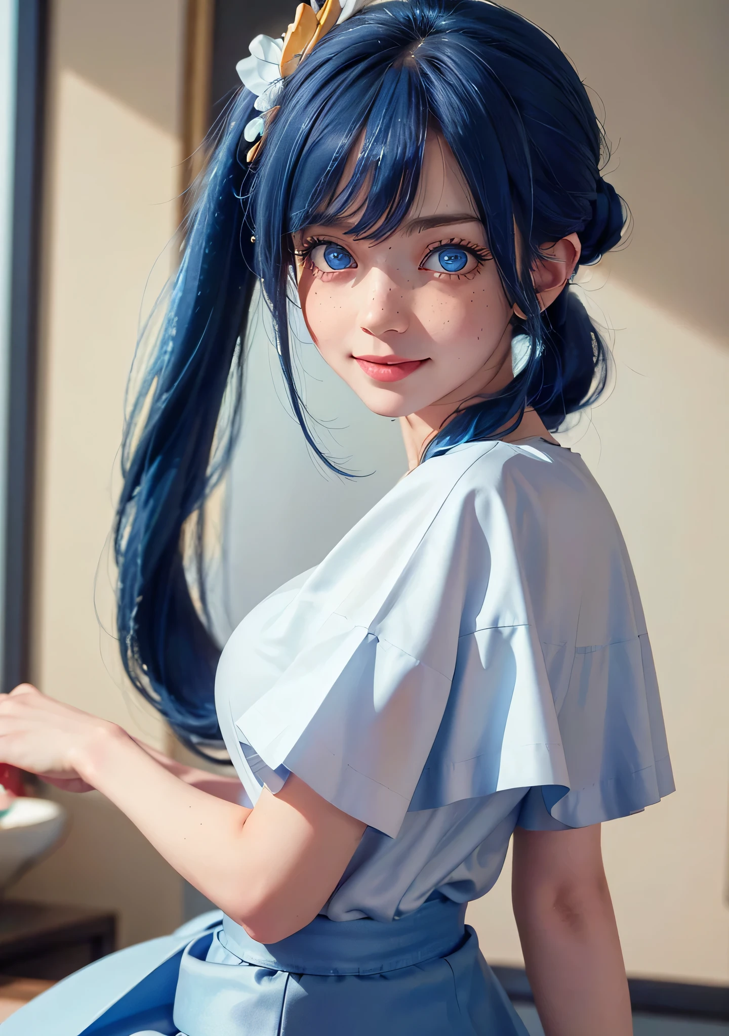 (best quality), (masterpiece), detailed, depth of field, perfect lighting, 1girl, mature female, blue eyes, blue hair, low ponytail, hair ornament, (best quality), (masterpiece), detailed, depth of field, short sleeves, white shirt, blue skirt, blue hair, upper body, freckles, huge breasts, smile,anime