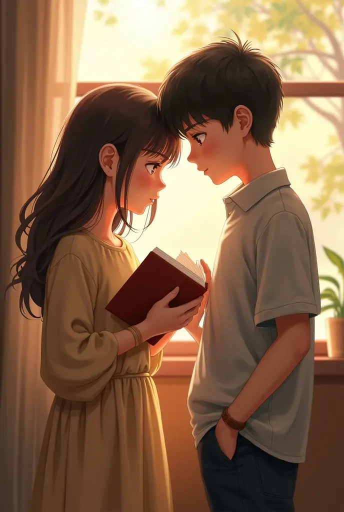 One girl' reading a book and boy looking her smiley and boy hand in her forehead and one hand in pocket and looking each others
