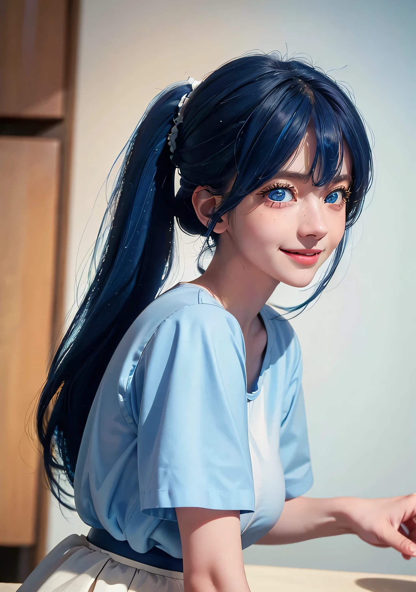 (best quality), (masterpiece), detailed, depth of field, perfect lighting, 1girl, mature female, blue eyes, blue hair, low ponytail, hair ornament, (best quality), (masterpiece), detailed, depth of field, short sleeves, white shirt, blue skirt, blue hair, upper body, freckles, huge breasts, smile,anime