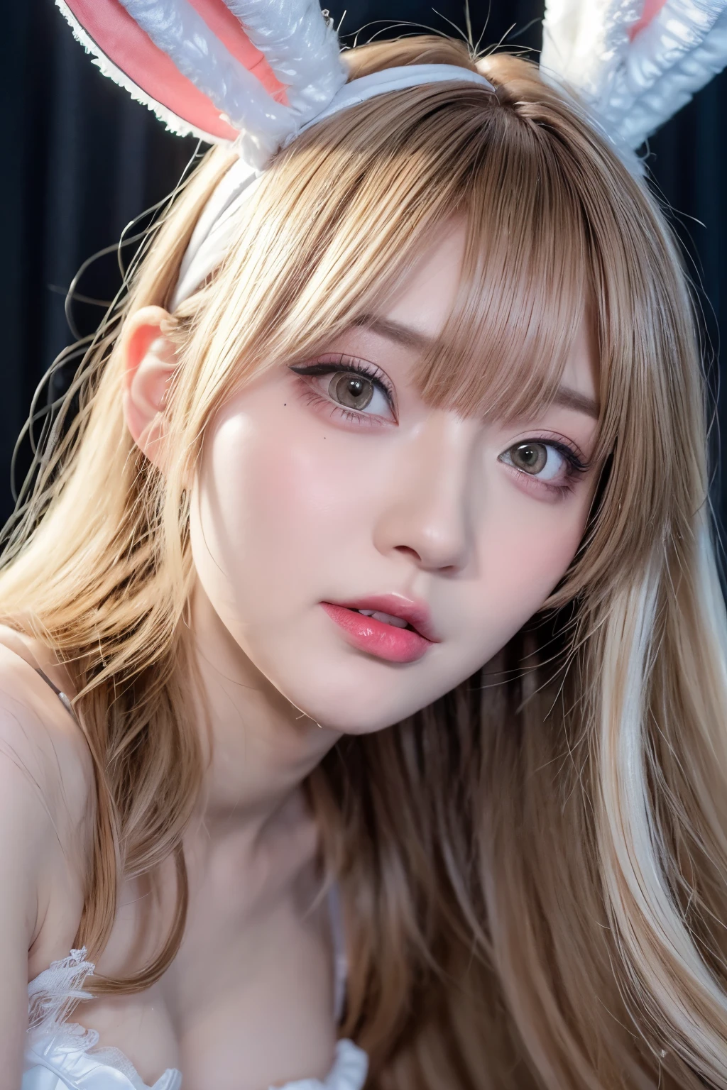 winter night, lying down on the upscale wooden bed, dressed sexy bunny-girl-costume with fishnet stockings and long bunny-ear headband that is see-through, pale pink lingerie underneath the costume is visible, also the fabric of her costume is torn in places, exposing her bare skin, fidgeting, with a shy smile, blushing, with an ahegao face, wavy long length hair, pale orange and bronde hair, pompadour hairstyle, twisted bangs, beautiful white-colored translucent skin, tall slendar figure, adult sexiness, alluring, glossy face, close-up shot from below, {realistic photo style}, {cinematic}, {dramatic}