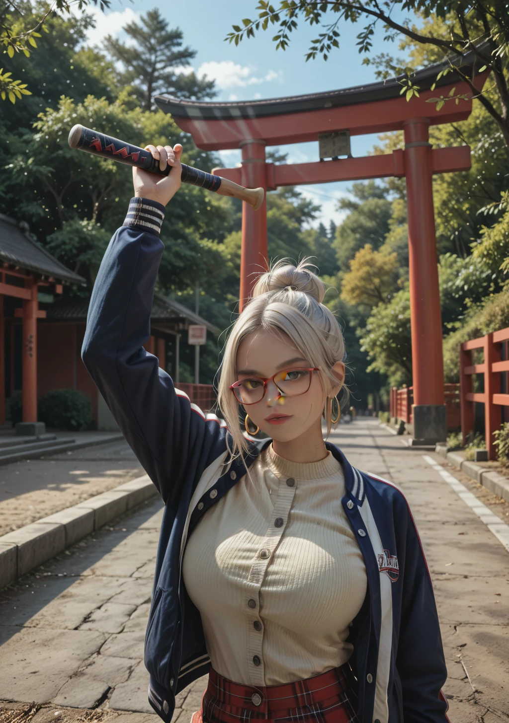 masterpiece, best quality, absurd, highres, cinematic light, 1 girl, Seiko_, white hair, long hair, red headband, big breasts, Red Glasses, hair bun, single hair bun, hoop earrings, jacket, letterman jacket, two-tone jacket, multicolored jacket, blue jacket, open jacket, yellow sweater, buttons, black cape, neckline , BREAKS soft light, baseball bat, over-the-shoulder gun, outdoors, blue sky, Torii, tree, standing, Looking at the viewer,