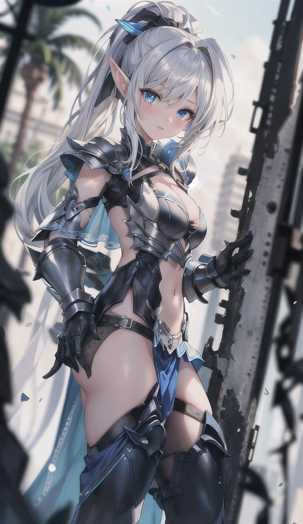 A girl with detailed blue matte eyes, long white tied hair, full body, dust on her face, evil smile, blacksmith's gloves, Giant Shield on her back, blacksmith's boots, dirty short shorts, short white shirt with a knotted neckline at the bottom of the shirt, sweaty body, round medium/small , thick legs, big ass, a nt sledgehammer in her hand, {extremely detailed 16k CG unit wallpaper}, expansive landscape photography, (a bottom view with focus on the character and setting), (wide open field view), (low angle shot), (high light: 1.8), (low light: 1.2), (warm light source: 1.5), complex details, (iridescent colors : 1.6), (bright lighting), (atmospheric lighting), Dreamy, magical,