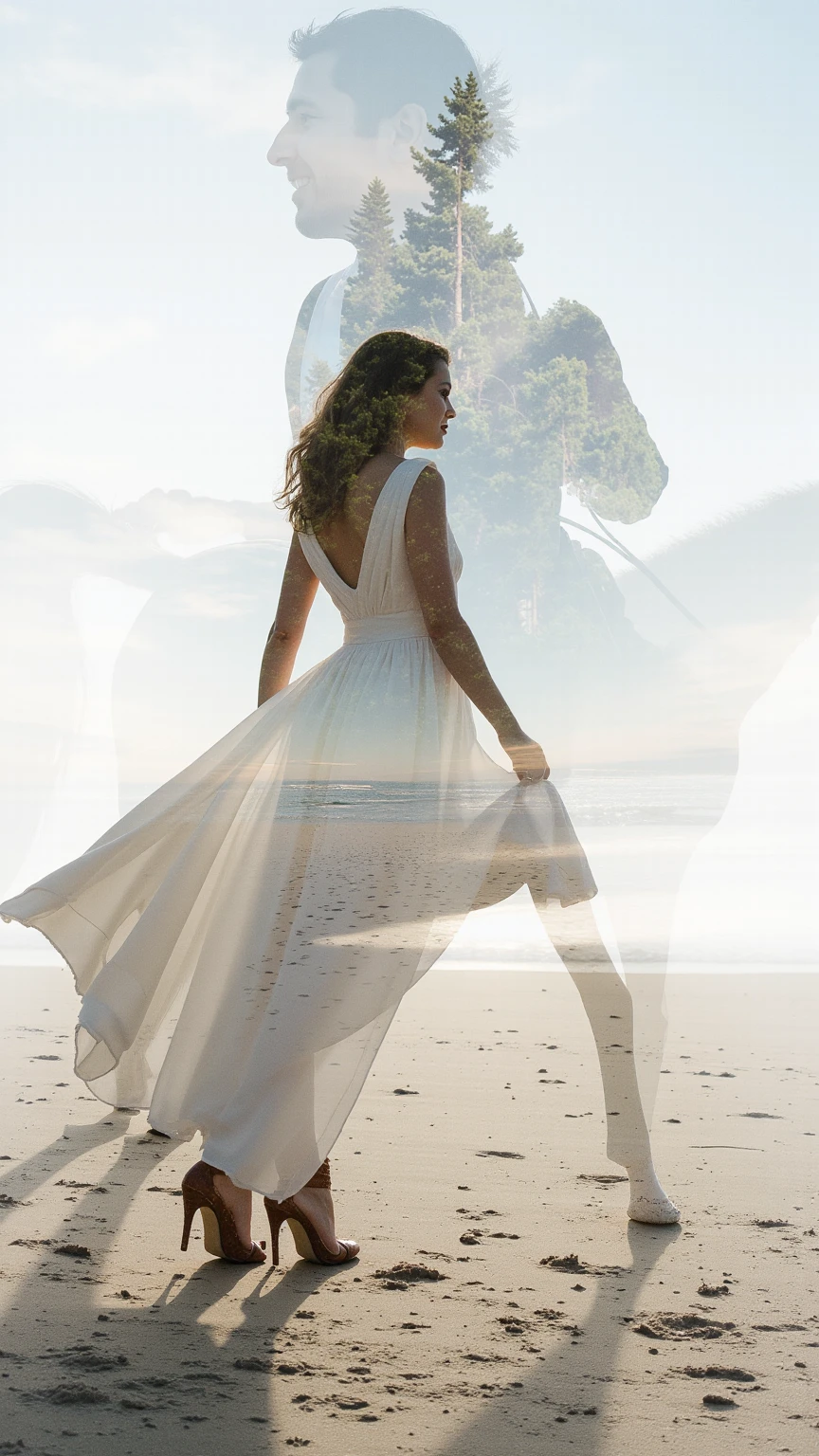 a stunning double exposure image that intertwines the silhouette of a beautiful woman standing gracefully on a beach with the enchanting figure of a prince charming on horseback in the distance. The woman wears an exquisite flowing dress that billows softly in the breeze, embodying elegance and allure. Above her, a close-up of the prince’s face reveals a charming smile, his presence radiating confidence and nobility. The composition should evoke a dreamlike quality, blending soft colors and ethereal lighting to create a breathtaking scene that captures the essence of romance and fantasy.