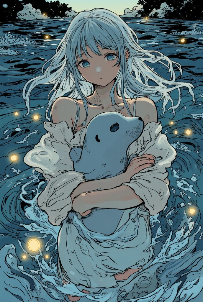 ((line-art Anime, manga aesthetic, highly detailed, vibrant colors, dynamic lighting, soft shading, 8k resolution, masterpiece))、A woman emerging from water, with a seal climbing up beside her to embrace her, symbolizing harmony and connection. The woman has long, flowing hair, wearing a simple, elegant dress that drapes gently around her body, creating a sense of ethereal beauty. The seal, with smooth fur and expressive eyes, gently wraps its flippers around her in a tender embrace. The scene is set in a serene, mystical landscape with soft, glowing light filtering through the water. The background is filled with gentle waves and mist, creating a peaceful atmosphere. The scene is highly detailed with dynamic lighting and vibrant colors, bringing out the contrast between the dark depths of the water and the illuminated figure of the woman and the seal. The art style is anime-inspired with manga aesthetics, soft shading, and vibrant hues that make the characters stand out beautifully. The image is rendered in 8k resolution, creating a sense of depth and intricacy in every detail, showcasing the masterpiece of this serene, magical moment."