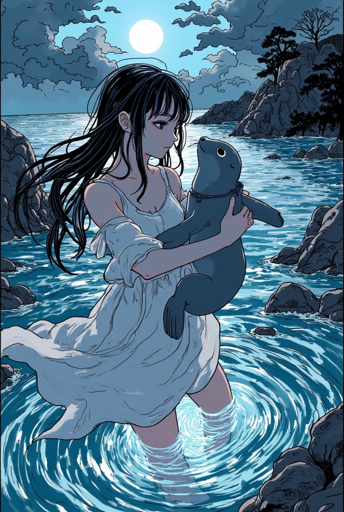 ((line-art Anime, manga aesthetic, highly detailed, vibrant colors, dynamic lighting, soft shading, 8k resolution, masterpiece))、A woman emerging from water, with a seal climbing up beside her to embrace her, symbolizing harmony and connection. The woman has long, flowing hair, wearing a simple, elegant dress that drapes gently around her body, creating a sense of ethereal beauty. The seal, with smooth fur and expressive eyes, gently wraps its flippers around her in a tender embrace. The scene is set in a serene, mystical landscape with soft, glowing light filtering through the water. The background is filled with gentle waves and mist, creating a peaceful atmosphere. The scene is highly detailed with dynamic lighting and vibrant colors, bringing out the contrast between the dark depths of the water and the illuminated figure of the woman and the seal. The art style is anime-inspired with manga aesthetics, soft shading, and vibrant hues that make the characters stand out beautifully. The image is rendered in 8k resolution, creating a sense of depth and intricacy in every detail, showcasing the masterpiece of this serene, magical moment."