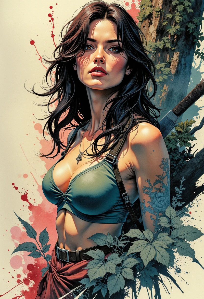 vector image, anime, close-up, mature woman head , gloomy orgasm, gothic look, dress, drowning in the middle of quicksand bog, green,red,sky,
