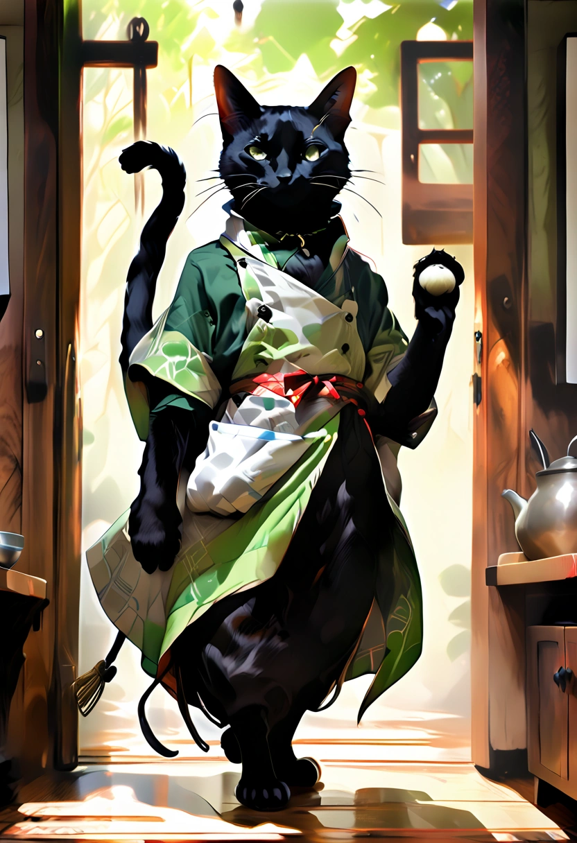 black cat walking on two legs bigger than humans \Shōjō, wearing a green apron , gray coat from nose to stomach, Gray mouth , ears are down, Ears facing outward , poor eyesight , charming face, :3
