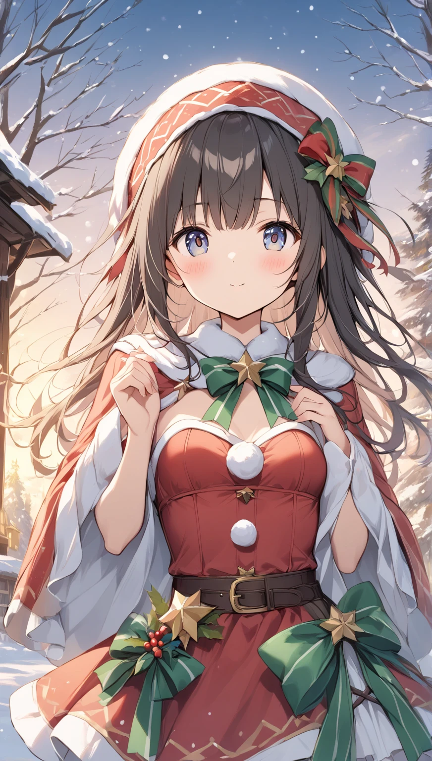 gorgeous lips, cinematic, (masterpiece), (best quality), (ultra-detailed), very aesthetic, illustration, perfect composition, intricate details, absurdres, detailed face, (anime, masterpiece, intricate:1.3), (best quality, hires textures, high detail:1.2), brown eyes,
1girl, brown skin, tan skin, very long black hair, wavy hair, , perfect eyes, 8k, highest quality, ultra details,1girl, solo
Green (long sleeved:1.1) christmas elf dress with white fur trim, back ribbon, green christmas elf hat with a white fur trim, black belt with a gold buckle, black knee high boots, White thigh high socks, gold bell bracelet, ribbon necklace, sitting on a christmas themed work bench, in a christmas themed santa toy factory, holding a red toy hammer, sitting with other elves,
cinematic lighting, hair blowing in the wind, blush, smile, starry eyes, happy, santa's elves ,toys everywhere,beautiful christmas village, christmas lights, night time, soft lighting, (dynamic shot:1.4), photoshoot, cowboy shot, from the side,