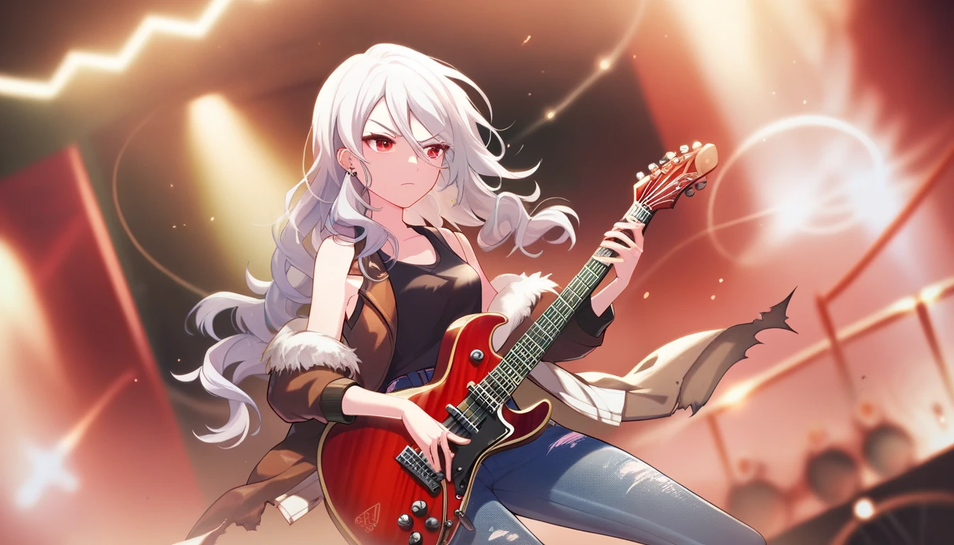 score_9, score_8_up, score_7_up, score_6_up, score_5_up, score_4_up, 1girl, solo focus, white hair, red eyes, medium hair, (long hair:1.3), wavy hair, hair between eyes, annoyed, piercings, (black jeans:1.2), ripped jeans, vest, tank top, chest sirashi, bomber jacket, open jacket, concert stage, microphone, electric guitar, warm lighting