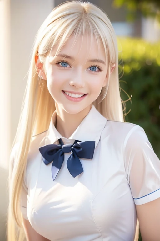  portrait、 School Uniform、 BRIGHT EXPRESSION 、 ponytail、young,  bright , Whiter skin、Great looks、Blonde reflection、  Platinum Blonde Hair with Dazzling Highlights、Shining bright hair,、Super Long,  silk straight hair 、 beautiful shiny bangs、Sparkling,  clear ,  charming big blue eyes 、 she's such a beautiful and adorable girl、 plump breasts 、black and white maid cafe uniform 