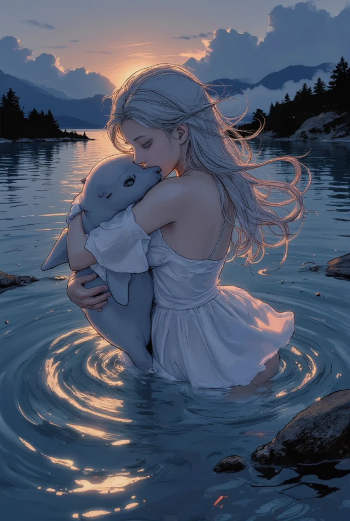 ((line-art Anime, manga aesthetic, highly detailed, vibrant colors, dynamic lighting, soft shading, 8k resolution, masterpiece))、A woman emerging from water, with a seal climbing up beside her to embrace her, symbolizing harmony and connection. The woman has long, flowing hair, wearing a simple, elegant dress that drapes gently around her body, creating a sense of ethereal beauty. The seal, with smooth fur and expressive eyes, gently wraps its flippers around her in a tender embrace. The scene is set in a serene, mystical landscape with soft, glowing light filtering through the water. The background is filled with gentle waves and mist, creating a peaceful atmosphere. The scene is highly detailed with dynamic lighting and vibrant colors, bringing out the contrast between the dark depths of the water and the illuminated figure of the woman and the seal. The art style is anime-inspired with manga aesthetics, soft shading, and vibrant hues that make the characters stand out beautifully. The image is rendered in 8k resolution, creating a sense of depth and intricacy in every detail, showcasing the masterpiece of this serene, magical moment."