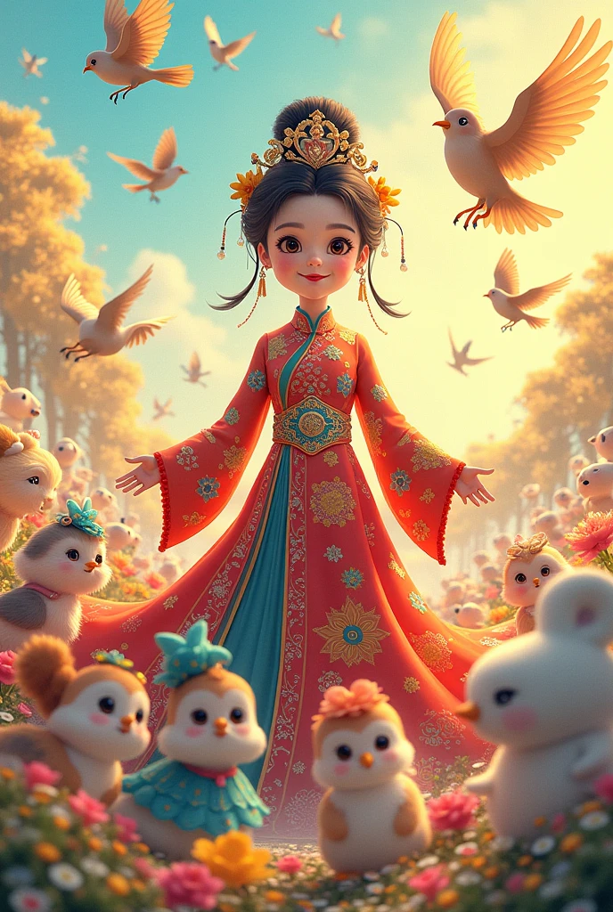  Chinese woman wearing a colorful dress、 cute anime characters、Yellow and Blue、Birds are flying around 、manga animation art