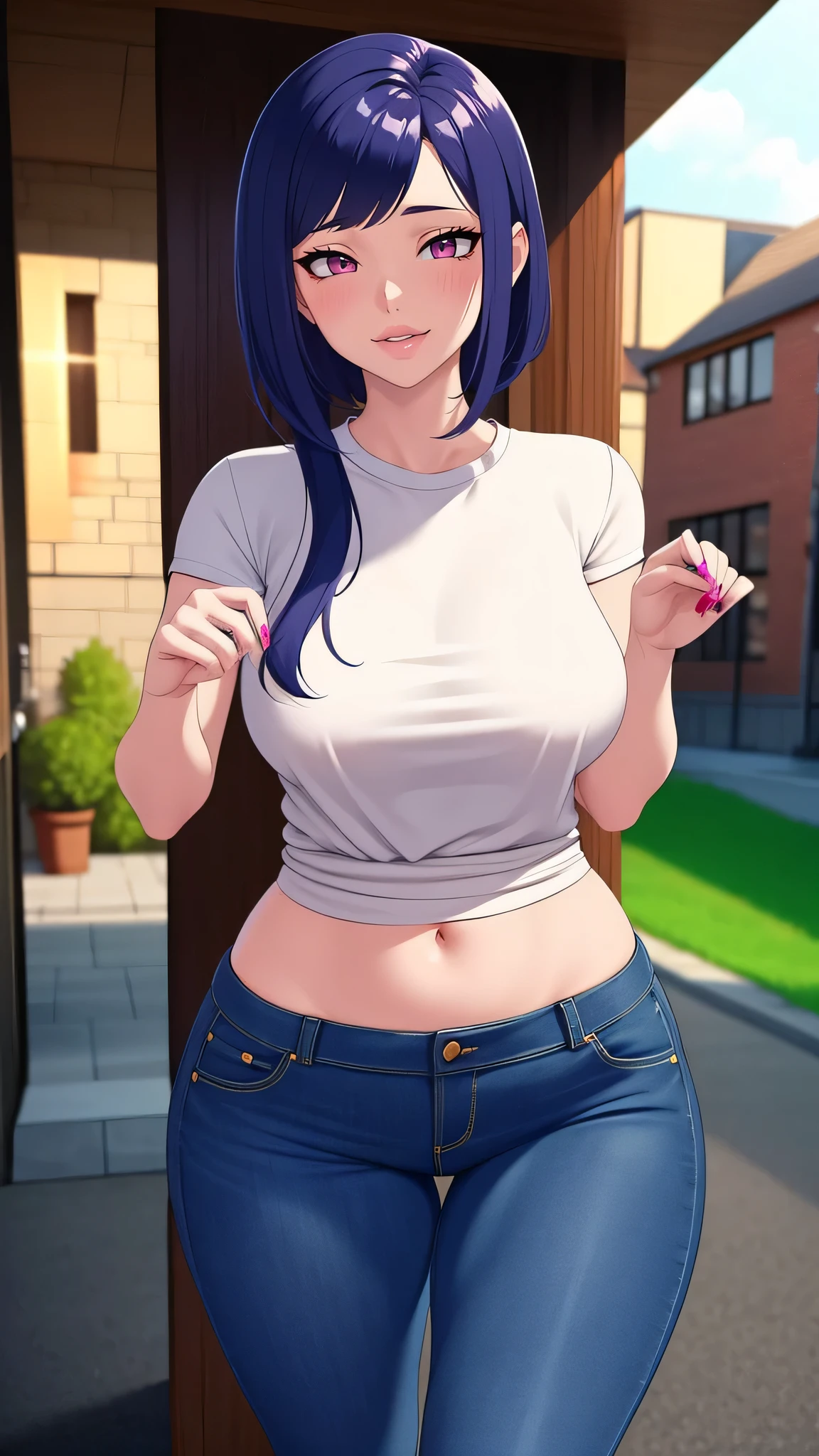 colored hair, intense colored hair, sexy hair, highly detailed hair, reflective hair, moaning face, perfect face, happy face, makeup, huge lips, puffy lips, fake lips, average, slim girl, sexy body, fit girl, bare belly, ((day time)), sun, bright lighting, cinematic atmosphere, daytime background, half shot, instagram shot, sexy pose photography, evocative pose, standing pose, ((masterpiece)), confidence, superiority, bratty, brat, spoiled, bully, elegant woman, ((elegant woman)), wink, outdoors, outdoor city, tight jean pant. Big thighs, thicc, big large thighs, fashioned outfit shirt