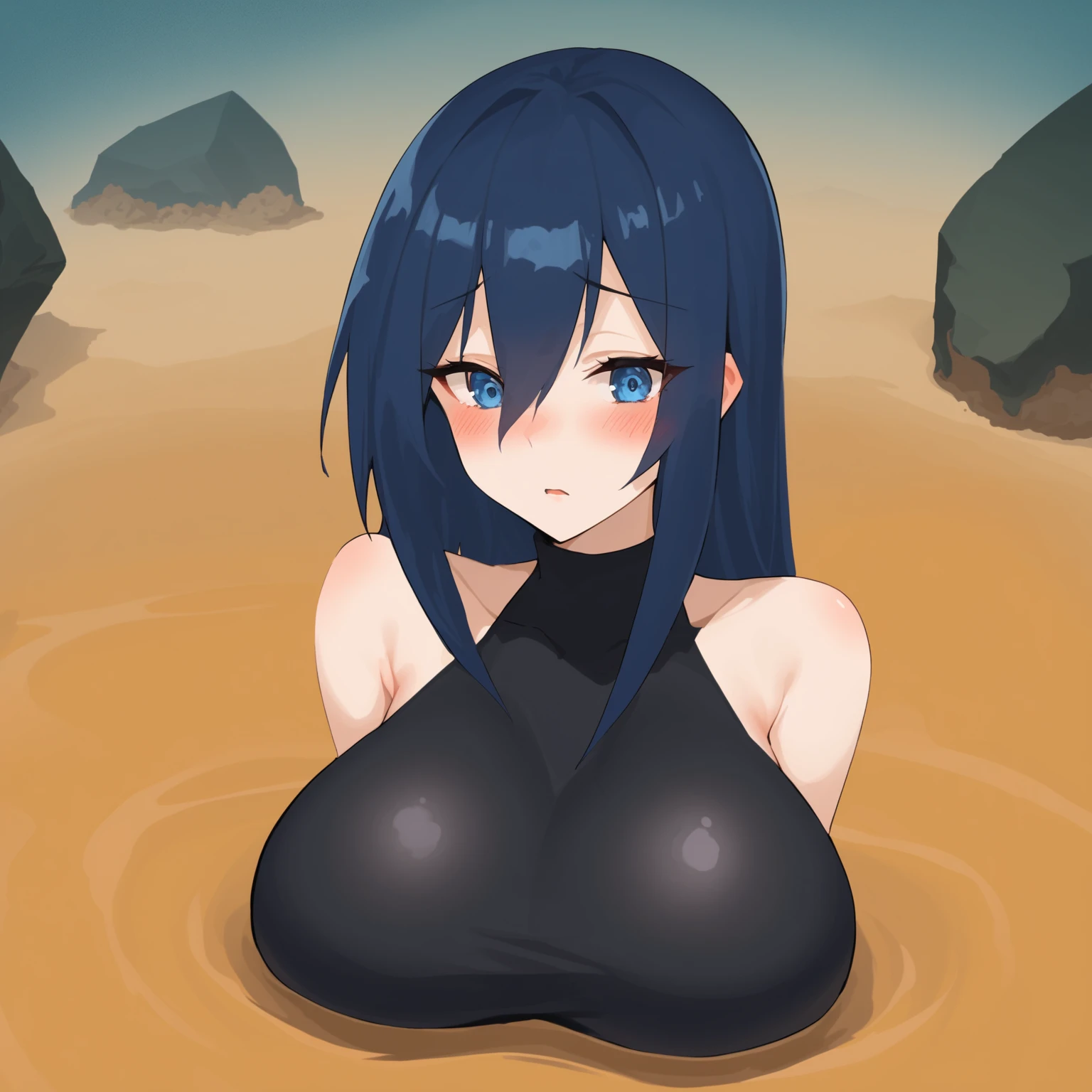 NSFW, looking down, score_7_up, score_8_up, score_9_up, 1girl, solo, bigger female, blue hair, blue eyes, black bodysuit, sleeveless, source_anime, (Desert:1.5), dunes, rock, (blushing), desert blurry background depth of field, quicksand, quick sand, arms stuck in quicksand, up to breasts in quicksand, moaning, large breasts, blushing, shortstack figure, quicksand pushing up breasts, sinking in quicksand, raised eyebrows, anime face, cute face, (mud:1.5), (blush:1.5), (pov:1.5), (flooding up to chest:1.5), (from above:1.5), looking left side,