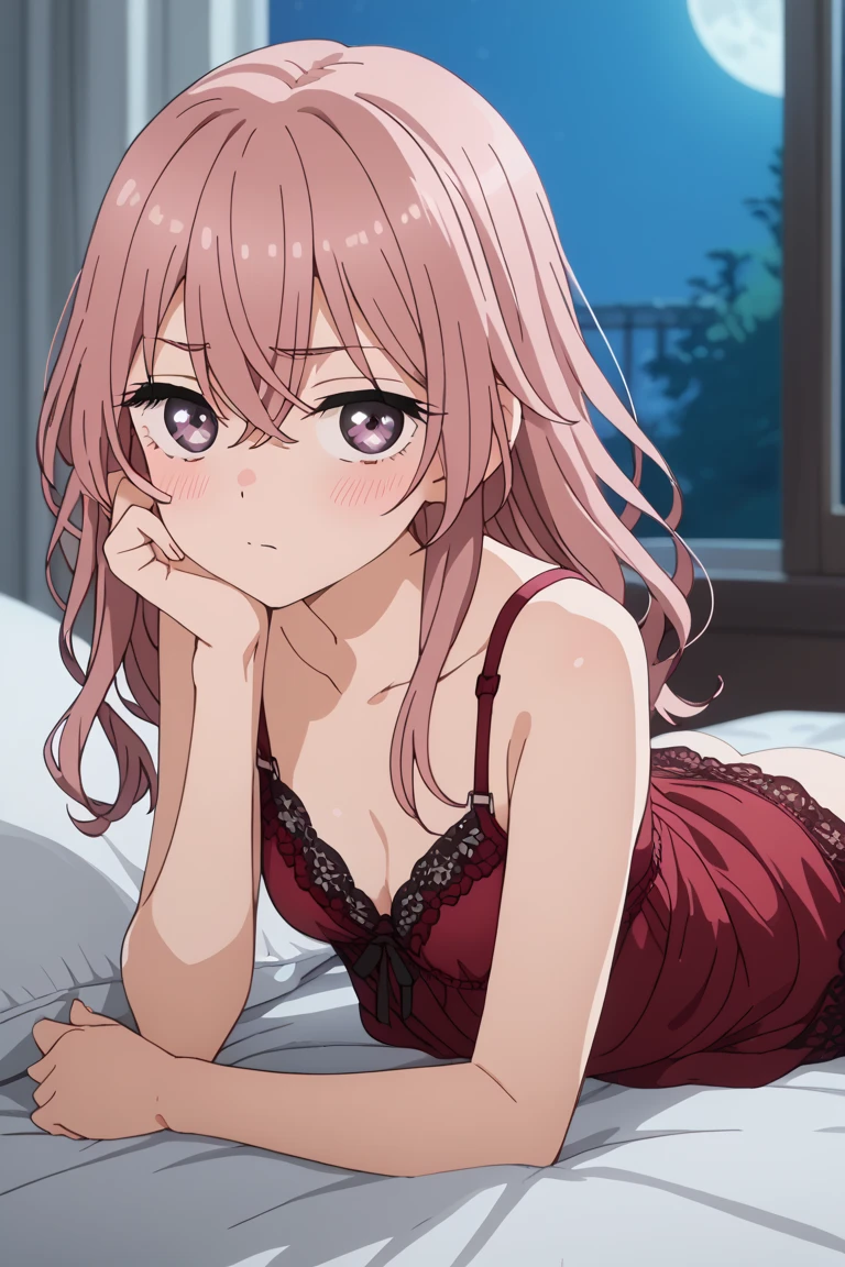 sajuna inui,anime screencap,1girl,solo,pink hair,long hair,bangs,hair between eyes, small breasts,                      BREAK  cleavage, looking at viewer, dimly light, nightgown, night, windows, bedrrom, blush, black-red lingerie,bra,blush,petite,indoor, ass, on stomach, from behind, thick thighs, 1girl, solo, pillow, looking at viewer, looking back, ass-from-behind, shy, whole body, feet