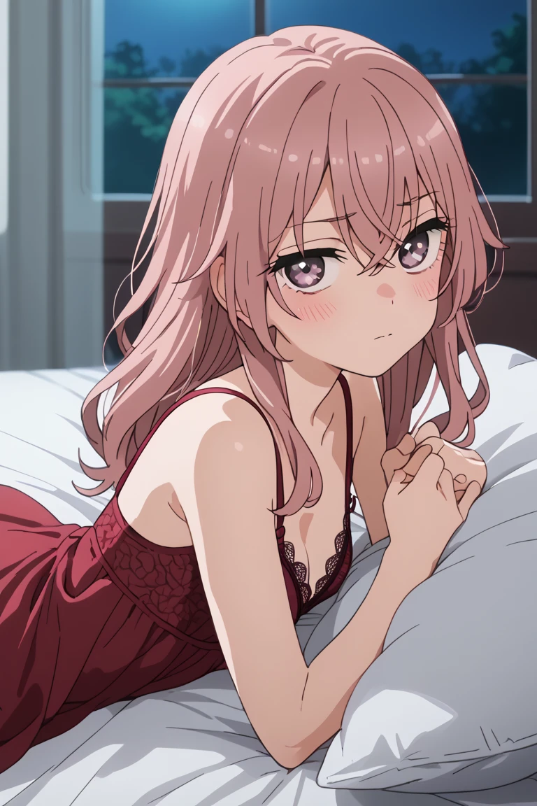 sajuna inui,anime screencap,1girl,solo,pink hair,long hair,bangs,hair between eyes, small breasts, BREAK cleavage, looking at viewer, dimly light, nightgown, night, windows, bedrrom, blush, black-red lingerie,bra,blush,petite,indoor, ass, on stomach, from behind, thick thighs, 1girl, solo, pillow, looking at viewer, looking back, ass-from-behind, shy, whole body, feet