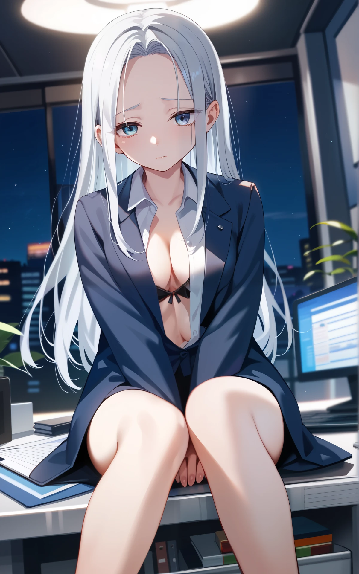 ((squatting)),((forehead)),((short hair)), ((office worker)), ((nude)),((dress shirt)),((Jacket)),
((masterpiece)),
((best quality)),
((high quality)),
((ultra high res)),
((female)),
((high quality)),
((tsurime)), ((stiletto (high heels)))
((cry)),
((sad)),
((bashfulness)),
((night)),
((silver hair)), ((tsurime)),((tall))