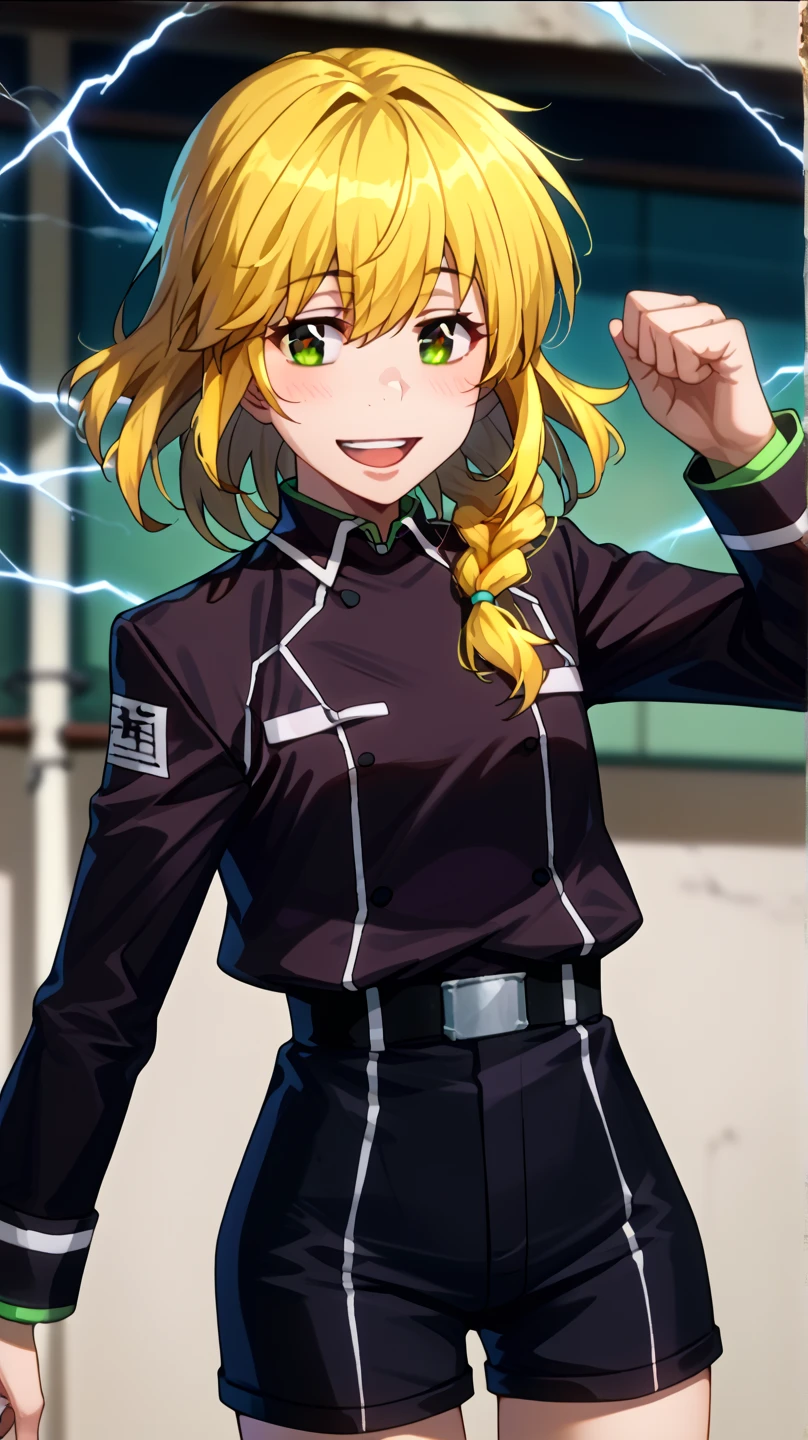  1 girl fights,  clear focus ,  soft lighting , ( Very detailed face  ), ( very detailed eyes  ),  в профиль, 1 adult girl , кареглазая  blonde  ,  Depth of field  , ((  looks at the viewer )),  open mouth , smile,  smiles,  half-turned  (( long yellow hair develops in the wind,  long blond hair to the waist )), shorts,  blonde  ,  leather jacket,  long sleeves,  brown eye  , khaki top  (( military protective top )) , shorts,  black leather thigh length boots  , in the anime style katekyo hitman reborn  ,  against green electric lightning ,  electrical discharges around the body , blush, blushed,  Smile ,  open mouth , open lips, language, ярко-жёлтый цвет волос, вид в профиль