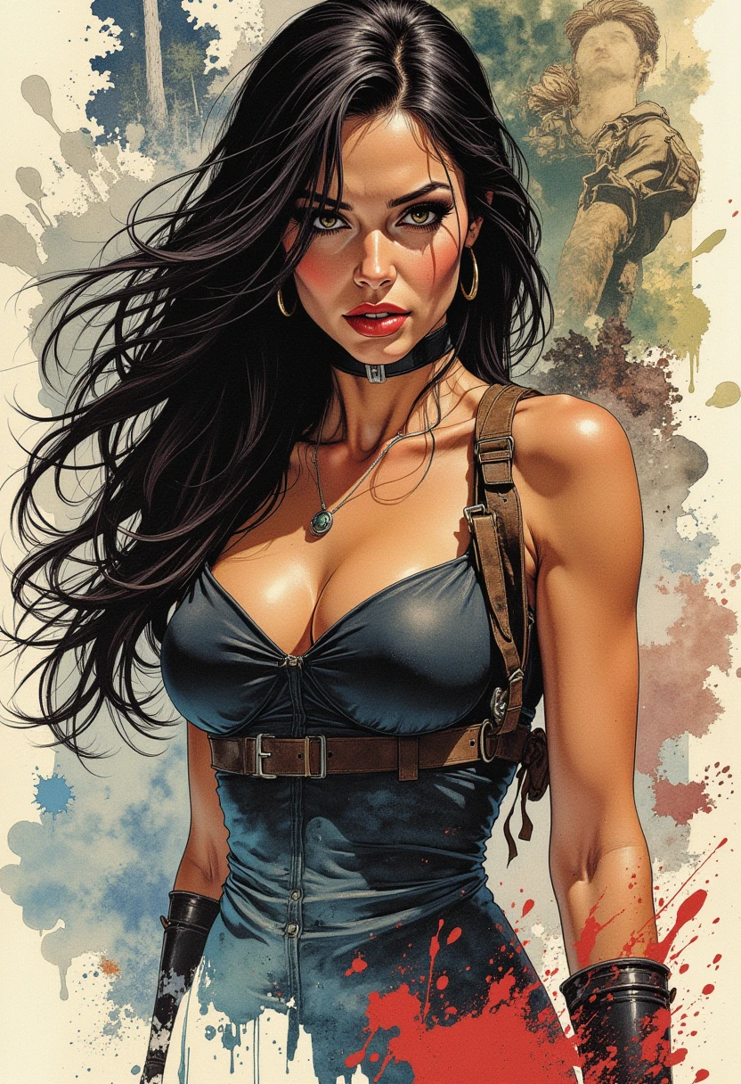 (((full body photo))) 1girl, cowgirl, long hair, shirt, vest, jean shorts, holster, arms behind back, ropes, shibari over clothes, otm gag, portrait, graphic novels illustration
