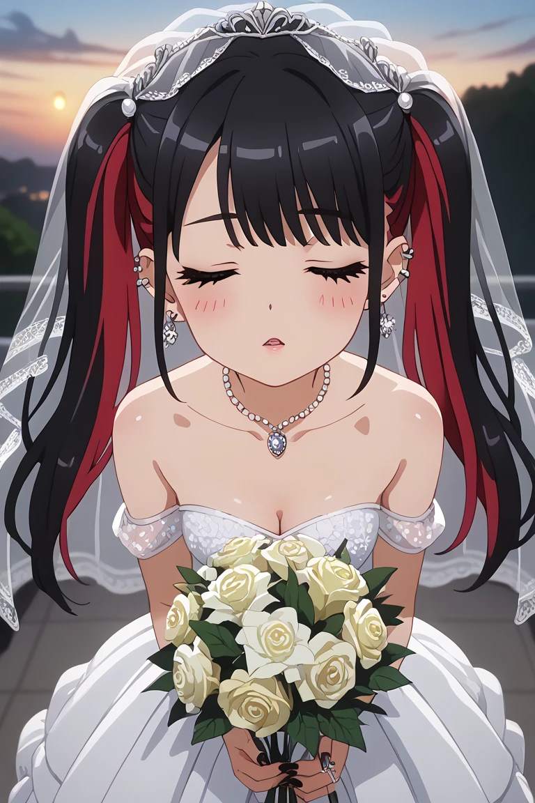 KJOnowa, grey eyes, black hair, multicolored hair, twintails, anime screencap, small breasts, nail polish, black nails,                    BREAK  earrings, piercing, ear piercing,         wedding dress, wedding veil, off shoulder, cleavage,wedding ring, outdoor, sky, standing, cowboy shot, jewelry, blushing, incoming kiss, closed eyes, bouquet, colarbone, pov