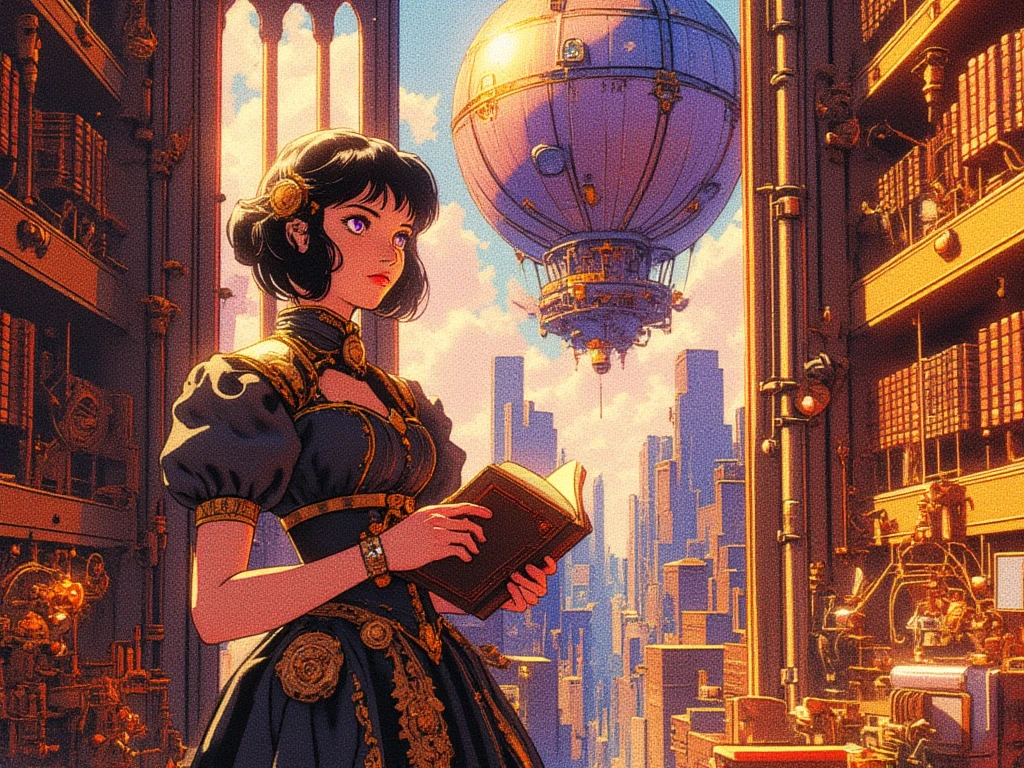 Create a manga-style scene in a Victorian steampunk universe. A young, elegant woman stands in a grand library bathed in natural light streaming through tall gothic windows. She wears a richly decorated black dress with golden embroidery, a fitted corset, high heels, and stockings. Her short black hair is styled in a bob, and her piercing violet eyes are focused on an old open book held in her delicate hands. In the background, through the windows, a massive industrial airship floats above a dense city filled with stacked buildings, hanging walkways, and a bustling crowd. The atmosphere is both majestic and mysterious, with golden light illuminating the intricate details of the airship and urban architecture. Emphasis is placed on the detailed clothing, visible gears, and neo-gothic patterns.