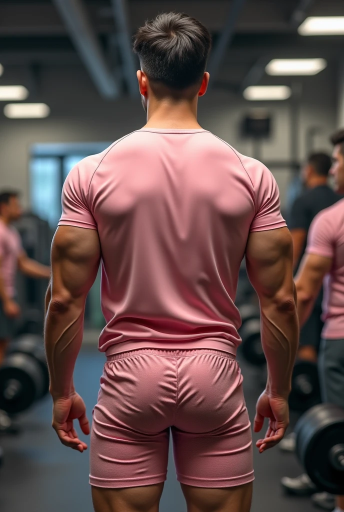 Asian boy, oval face, pink micro thong, from behind, huge round bubble butt, (((look at viewer)))
