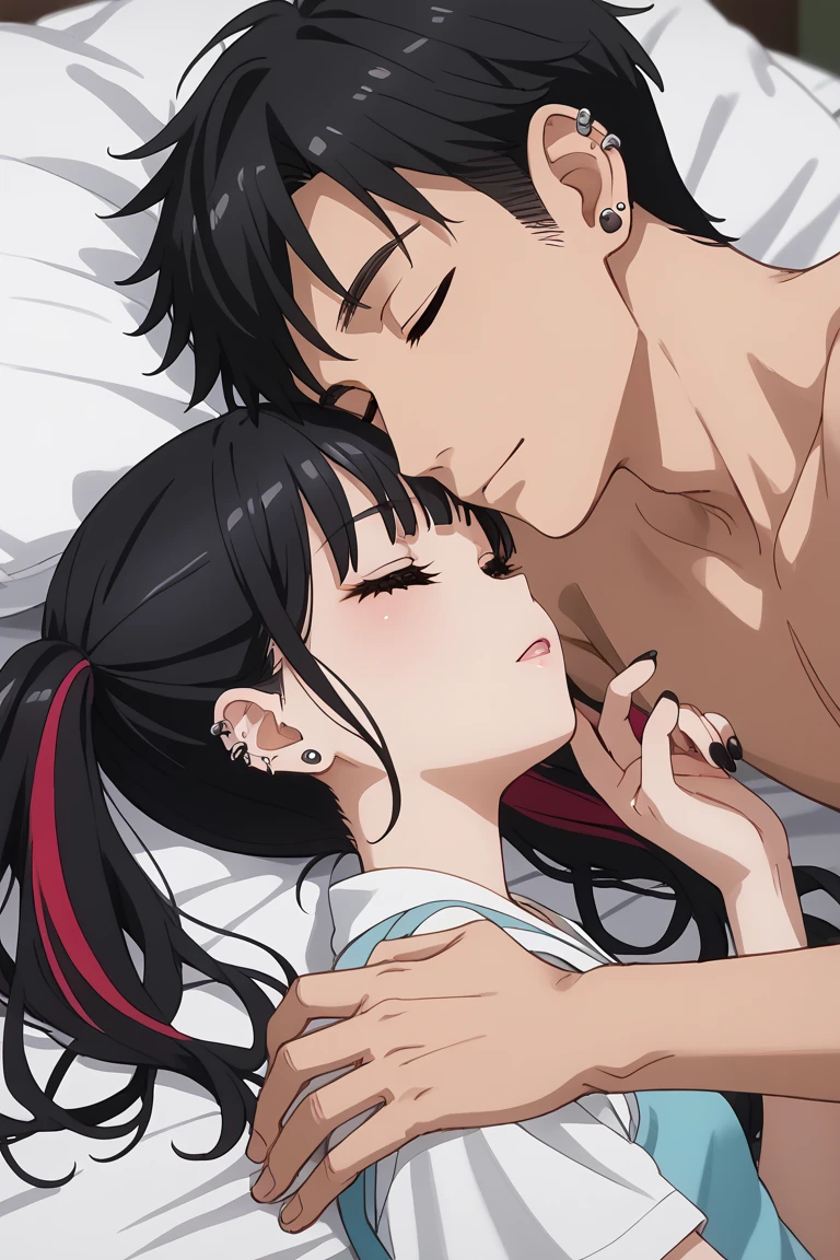 KJOnowa, grey eyes, black hair, multicolored hair, twintails, anime screencap, small breasts, nail polish, black nails,                    BREAK  earrings, piercing, ear piercing,          1 couple, lying together, 1girl, shorter arms,smaller, petite, holding him,1male, close to her, 1girl, 1boy, couple (relationship), sleeping together, couple, hetero male, light skinnend male black haired male, on bed, lying on bed, bedroom, cowboy shot, male with black hair,