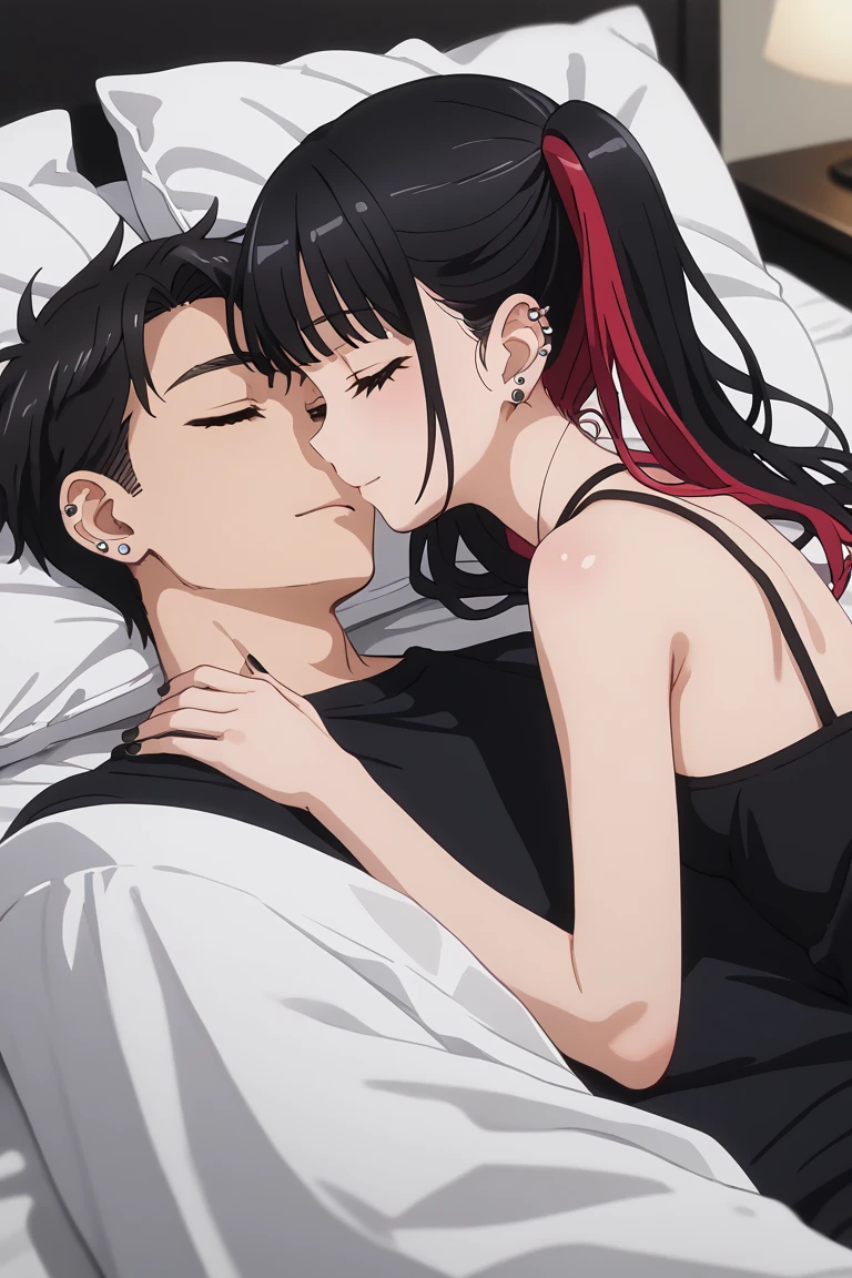 KJOnowa, grey eyes, black hair, multicolored hair, twintails, anime screencap, small breasts, nail polish, black nails,                    BREAK  earrings, piercing, ear piercing,          1 couple, lying together, 1girl, shorter arms,smaller, petite, holding him,1male, close to her, 1girl, 1boy, couple (relationship), sleeping together, couple, hetero male, light skinnend male black haired male, on bed, lying on bed, bedroom, cowboy shot, male with black hair,