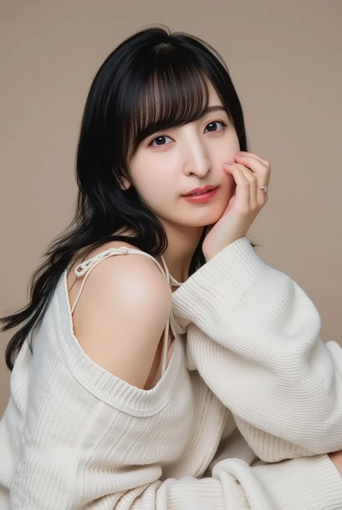  stylish photo , beautiful Korean women with good ratios,  long black hair , wearing a white wool sweater that's too big,I'm sitting while supporting my chin with one hand . super real , Details, Highest quality 8K HD.