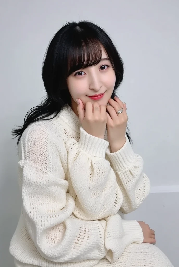  stylish photo , beautiful Korean women with good ratios,  long black hair , wearing a white wool sweater that's too big,I'm sitting while supporting my chin with one hand . super real , Details, Highest quality 8K HD.