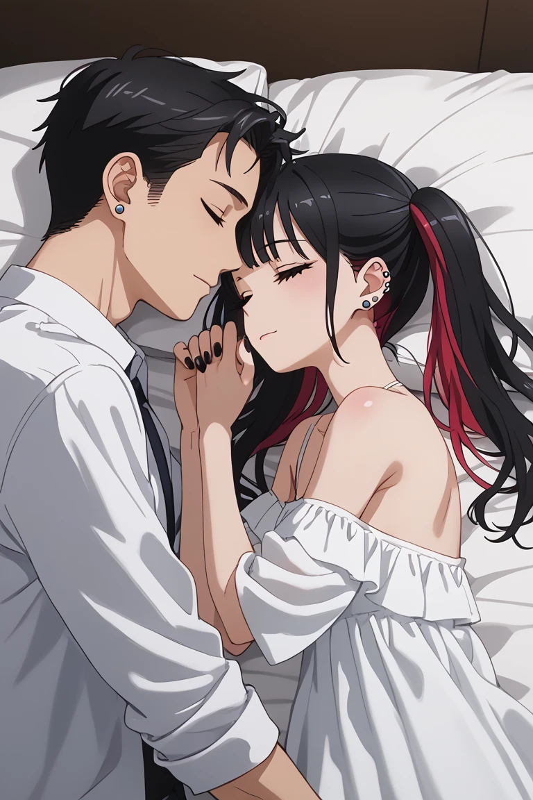 KJOnowa, grey eyes, black hair, multicolored hair, twintails, anime screencap, small breasts, nail polish, black nails,                    BREAK  earrings, piercing, ear piercing,           couple, lying together, 1girl, shorter arms,smaller, petite, holding him,1male, close to her, 1girl, 1boy, couple (relationship), sleeping together, couple, hetero male, light skinnend male black haired male, on bed, lying on bed, bedroom, cowboy shot, male with black hair,