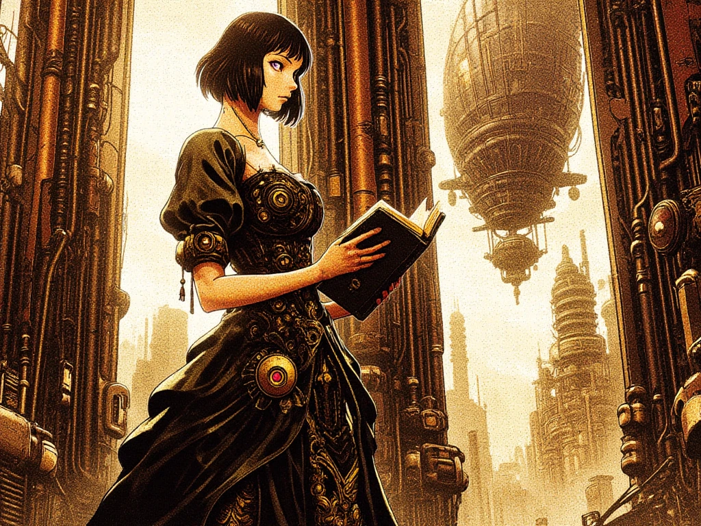 Create a manga-style scene in a Victorian steampunk universe. A young, elegant woman stands in a grand library bathed in natural light streaming through tall gothic windows. She wears a richly decorated black dress with golden embroidery, a fitted corset, high heels, and stockings. Her short black hair is styled in a bob, and her piercing violet eyes are focused on an old open book held in her delicate hands. In the background, through the windows, a massive industrial airship floats above a dense city filled with stacked buildings, hanging walkways, and a bustling crowd. The atmosphere is both majestic and mysterious, with golden light illuminating the intricate details of the airship and urban architecture. Emphasis is placed on the detailed clothing, visible gears, and neo-gothic patterns.