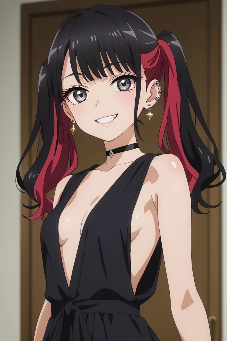 KJOnowa, grey eyes, black hair, multicolored hair, twintails, anime screencap, small breasts, nail polish, black nails,                    BREAK  earrings, piercing, ear piercing,          pale skinned, dynamic angle, takeda hiromitsu style, dark blue evening dress with plunging neckline, golden earrings, golden rings, black choker with shining rhinestones, sideboobs, looking at viewer, soft smile, lovly smile, ite