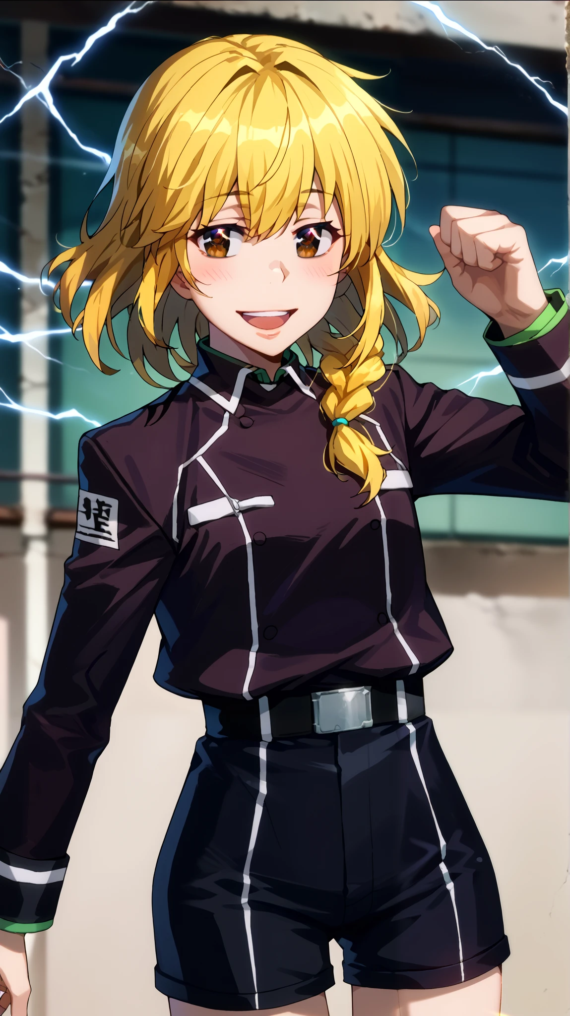  1 girl fights,  clear focus ,  soft lighting , ( Very detailed face  ), ( very detailed eyes  ),  в профиль, 1 adult girl , кареглазая  blonde  ,  Depth of field  , ((  looks at the viewer )),  open mouth , smile,  smiles,  half-turned  (( long yellow hair develops in the wind,  long blond hair to the waist )), shorts,  blonde  ,  leather jacket,  long sleeves,  brown eye  , khaki top  (( military protective top )) , shorts,  black leather thigh length boots  , in the anime style katekyo hitman reborn  ,  against green electric lightning ,  electrical discharges around the body , blush, blushed,  Smile ,  open mouth , open lips, language, ярко-жёлтый цвет волос, вид в профиль