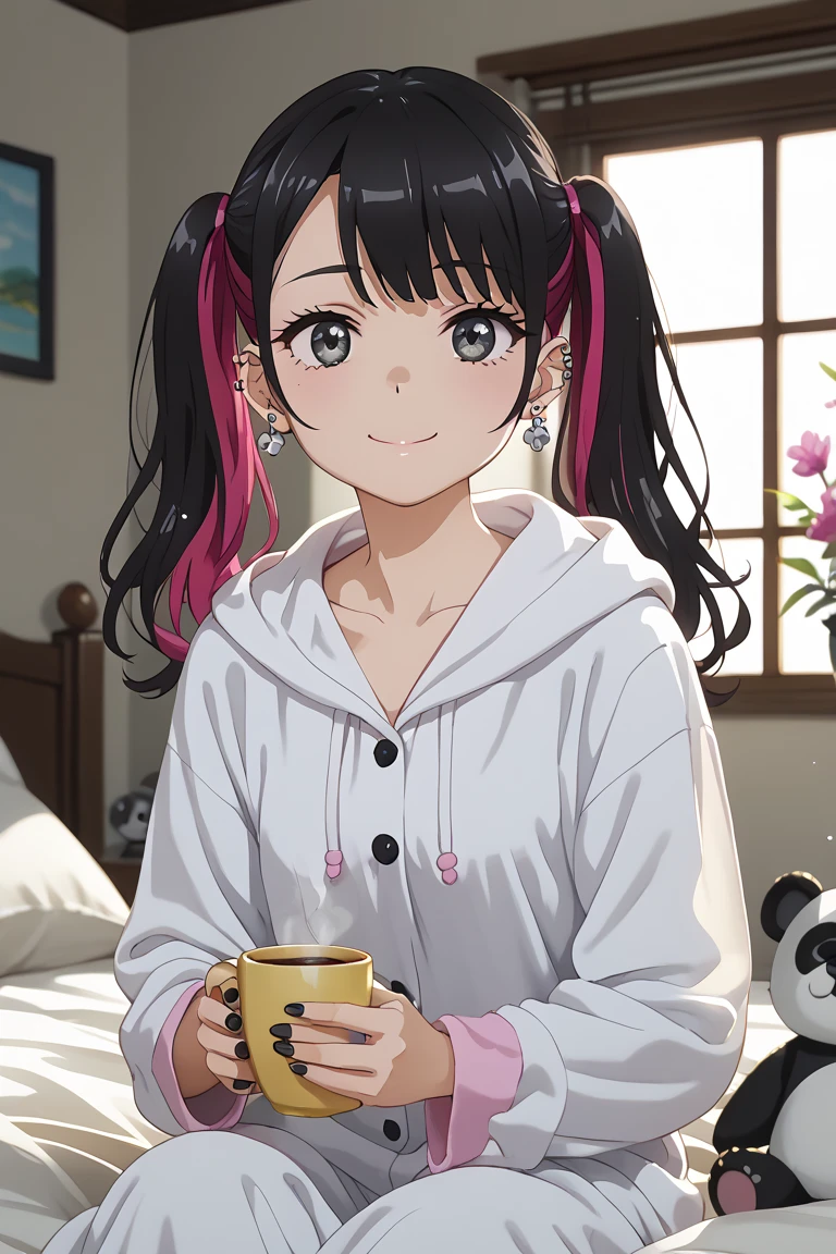 KJOnowa, grey eyes, black hair, multicolored hair, twintails, anime screencap, small breasts, nail polish, black nails,                    BREAK  earrings, piercing, ear piercing, takeda hiromitsu style,                            smile,closed mouth,tareme,sitting,panda ears,relaxing,hood,white pajamas,frills,hooded pajamas,loose clothing,fur trim,morning,indoor,cozy bedroom,next to the windows,stuffed animal,rabbit,flower,ceiling window,detailed background,realistic,soft light,light particles,serenity,cup,