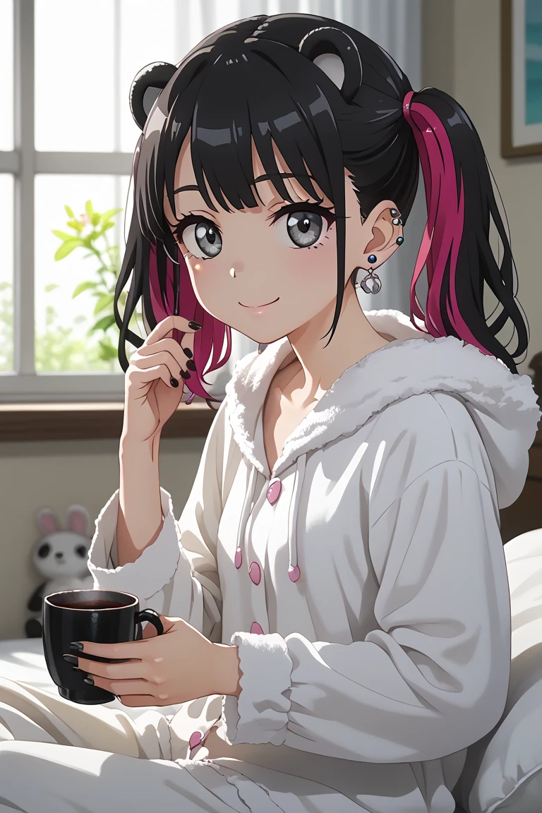 KJOnowa, grey eyes, black hair, multicolored hair, twintails, anime screencap, small breasts, nail polish, black nails,                    BREAK  earrings, piercing, ear piercing, takeda hiromitsu style,                            smile,closed mouth,tareme,sitting,panda ears,relaxing,hood,white pajamas,frills,hooded pajamas,loose clothing,fur trim,morning,indoor,cozy bedroom,next to the windows,stuffed animal,rabbit,flower,ceiling window,detailed background,realistic,soft light,light particles,serenity,cup,