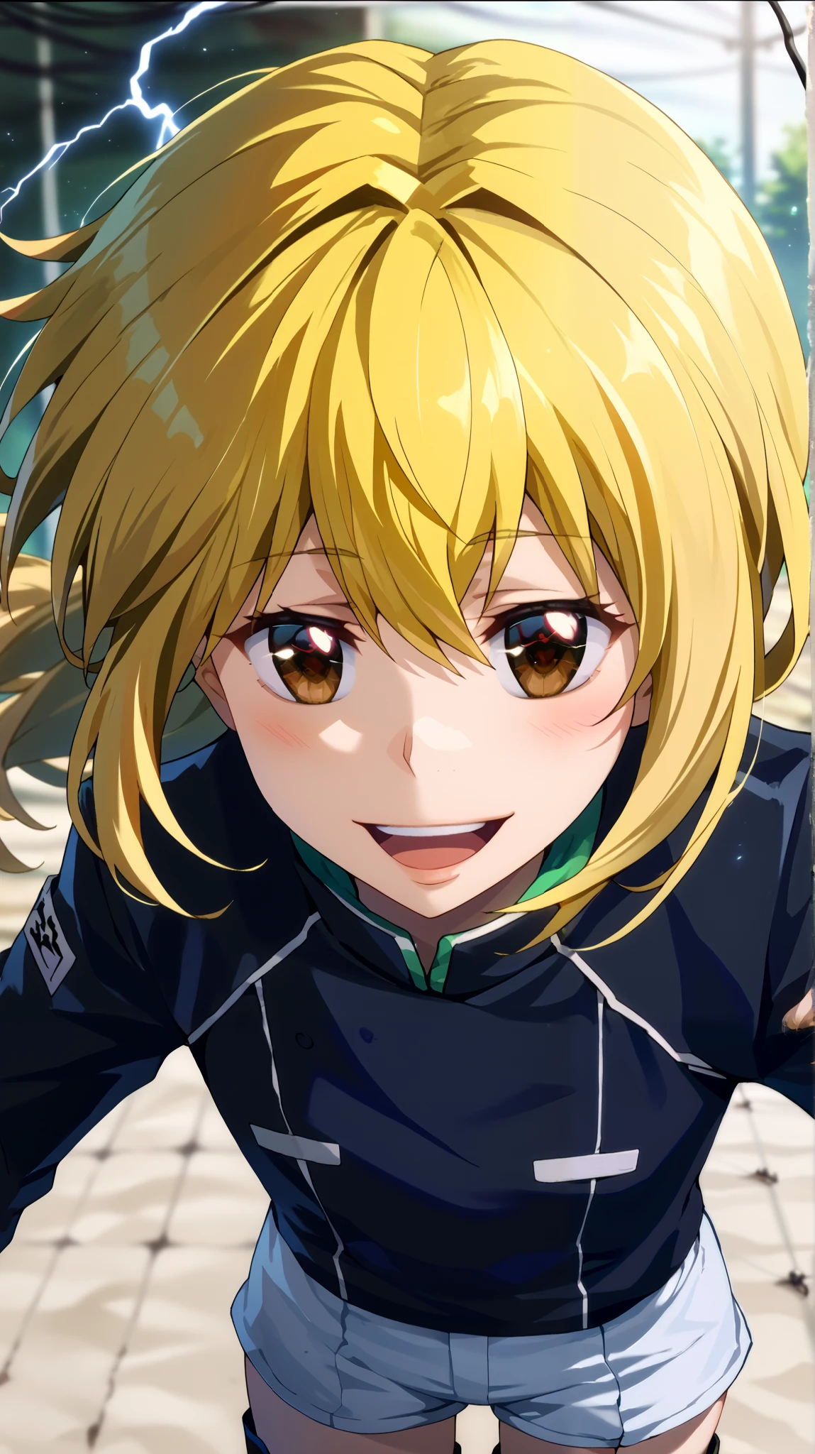  1 girl fights,  clear focus ,  soft lighting , ( Very detailed face  ), ( very detailed eyes  ),  в профиль, 1 adult girl , кареглазая  blonde  ,  Depth of field  , ((  looks at the viewer )),  open mouth , smile,  smiles,  half-turned  (( long yellow hair develops in the wind,  long blond hair to the waist )), shorts,  blonde  ,  leather jacket,  long sleeves,  brown eye  , khaki top  (( military protective top )) , shorts,  black leather thigh length boots  , in the anime style katekyo hitman reborn  ,  against green electric lightning ,  electrical discharges around the body , blush, blushed,  Smile ,  open mouth , open lips, language, ярко-жёлтый цвет волос, вид в профиль