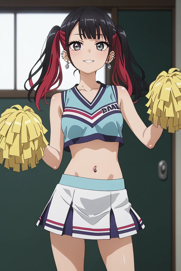 (highest quality, 8k, High resolution, masterpiece:1.2), Anime art style, colorful, Hyper Detail, misaka mikoto, Short Hair, 1 girl, Perfect Face, eye_Light_big, Small medium breasts, Soft look, alone, (Cheerleader,Cheerleader,blush), Dynamic Angle, Cowboy Shot, Watching the audience,