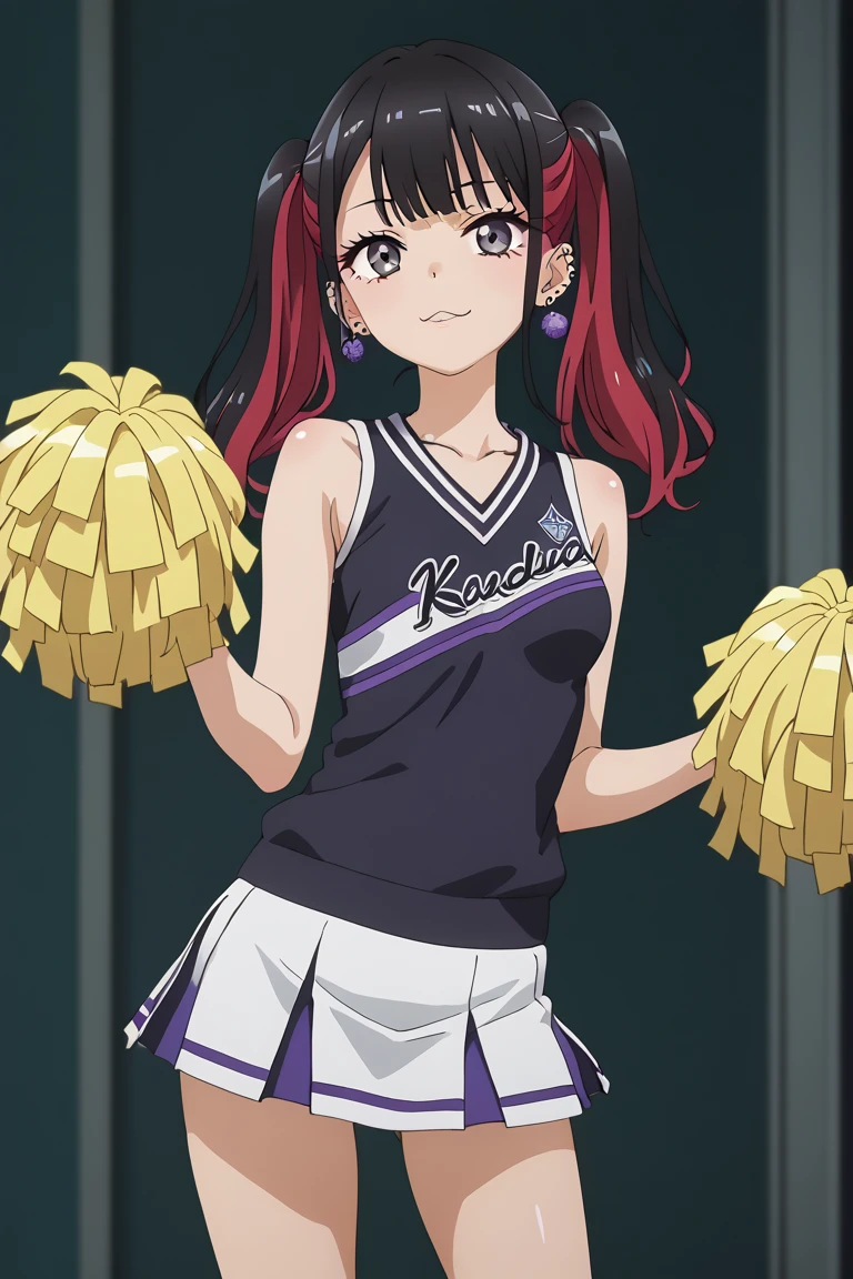 KJOnowa, grey eyes, black hair, multicolored hair, twintails, anime screencap, small breasts, nail polish, black nails,                    BREAK  earrings, piercing, ear piercing, takeda hiromitsu style,                           solo, standing, medium breasts, skinny, thigh gap, cheerleader outfit, pom pom \(cheerleading\),