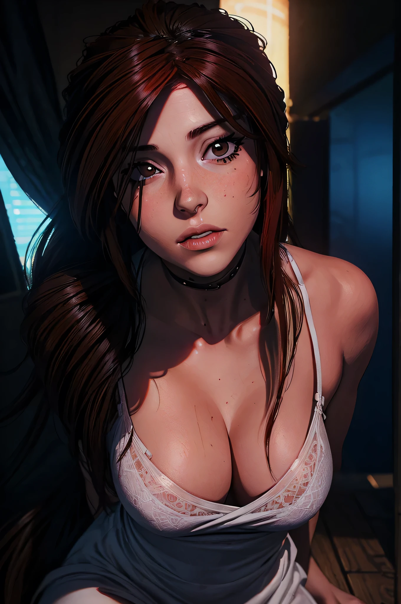 solo, better eyes, (latina), better skin, better face, (small-medium breasts:0.8), ((Sundress)), (monochrome image with accent color), ((solo)), ((masterpiece)),((high resolution)),((best quality)), extremely fine and beautiful, super fine illustration, (insanely detailed anime eyes), vivid and beautiful, shocking sensation, incredibly detailed, photorealistic, (realistic skin), (insanely detailed anime eyes), (plump luscious lips), realistic eyes, professional, realistic face, Cyberpunk character concept art, movie lighting, weighted shadows, ((very long weighted red-auburn hair tied up)), long hair, beautiful detailed girl, upper body view, facing at viewer, (brown eyes:1.2)), movie lighting, perfect shadow, realistic lighting shaded