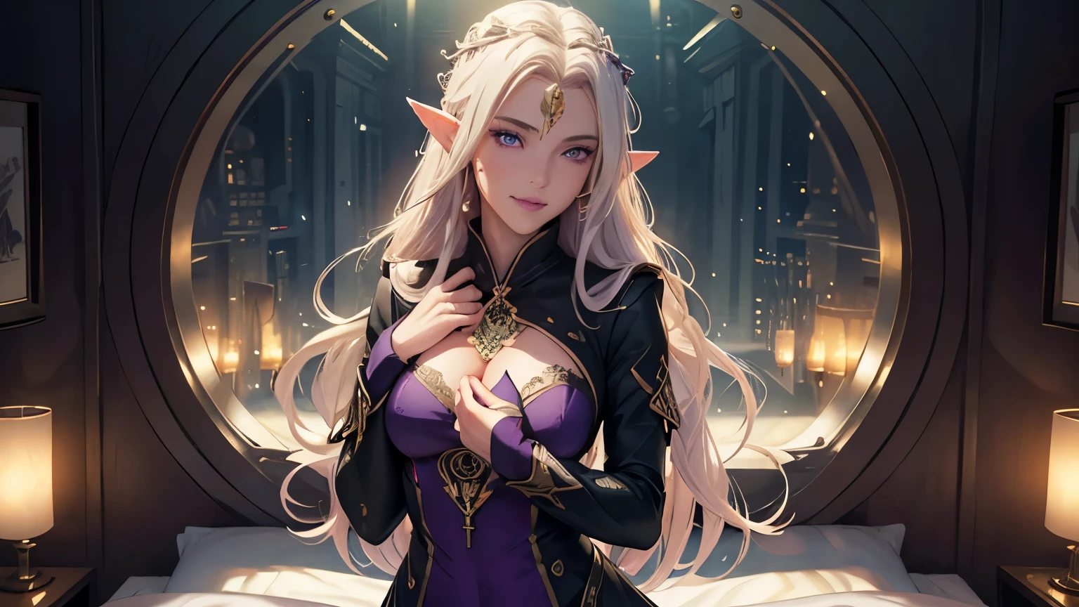 masterpiece, Highest quality, Highly detailed CG Unity 8k wallpaper,((whole body)), ((Bedroom in the spaceship)), (Long pointy ears), Elegant long wavy platinum blonde hair, ((Average Chest Circumference, Self-illuminating skin)), ((A revealing white-on-black military uniform)), (Sweaty, wet white skin), (Mechanical Circlet), (blush), , (Captivating smile), cute, Symmetrical face, Fine grain, Key Art, Awards, intricate detail realism hdr, Photorealism, Hyperrealism, Ultra-realistic, Dramatic Light, Strong Shadows, Nice views, Written boundary depth, woman, veiled (only lips seen), covered in hood, purple eyes, hooded clothes, smile, purple lips, white hand with intricate tatto, playing Flute, detailed strings and Flute, full body, digital painting in anime style, solemn dark background, intricate clothes detail, woman covered in green flame